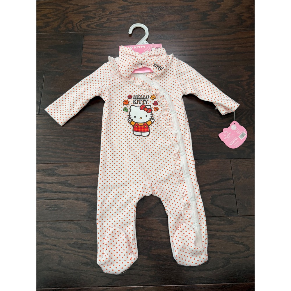 Hello Kitty Baby Girl Orange Polka Dot Footed Sleeper and Headband Set 3M NWT
